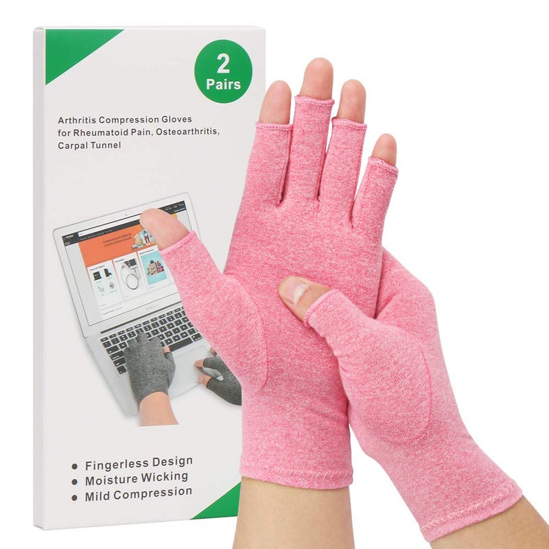 HSGEZUOQI 2Pair Arthritis Compression Gloves for Alleviate Rheumatoid Osteoarthritis Carpal Tunnel Raynauds Disease Fingerless Design Breathable Moisture Women and MenPink Small